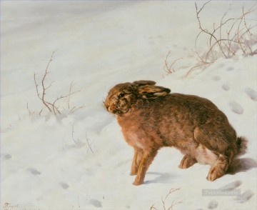 動物 Painting - フェルディナンド・フォン・レイスキー 雪の中のうさぎ